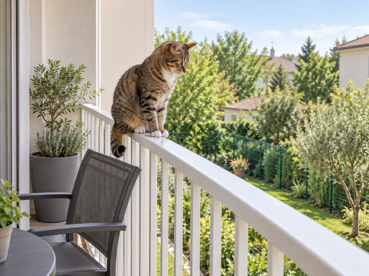 Chat perché sur la rambarde du balcon, chaise contre le garde-corps : photo