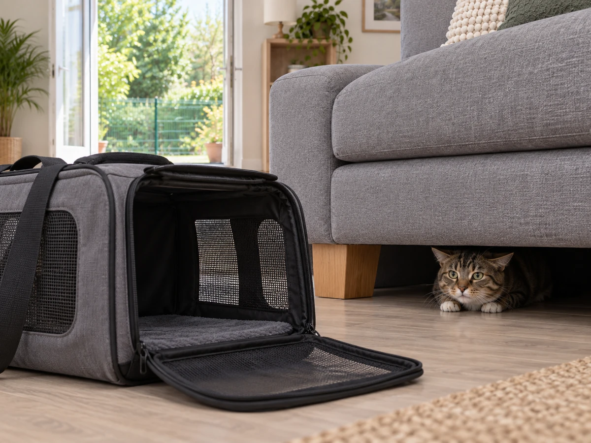 Chat qui file sous le canapé dès que le sac de transport sort : photo