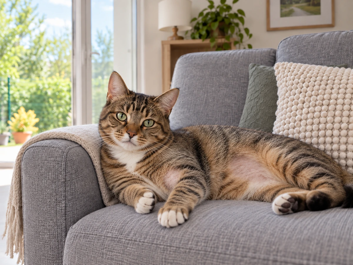 Chat aux zones pelées sur le ventre ou les pattes, à force de se lécher : photo