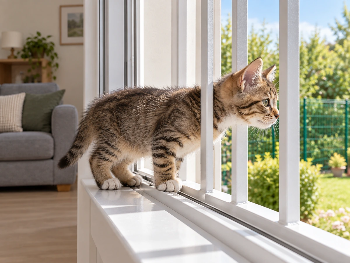 Chaton qui passe la tête entre les barreaux de la grille : photo