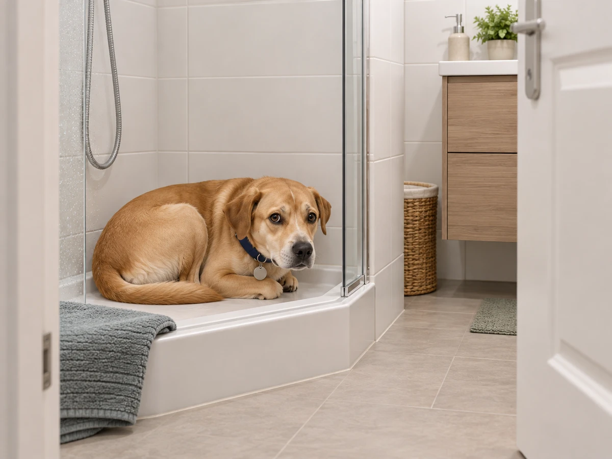 Chien tassé dans la salle de bain ou sous un lit quand l'orage approche : photo