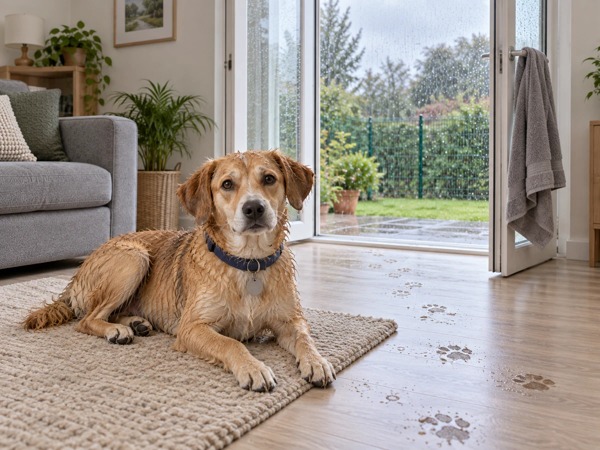 Chien qui rentre trempé et sèche sur le tapis du salon : photo