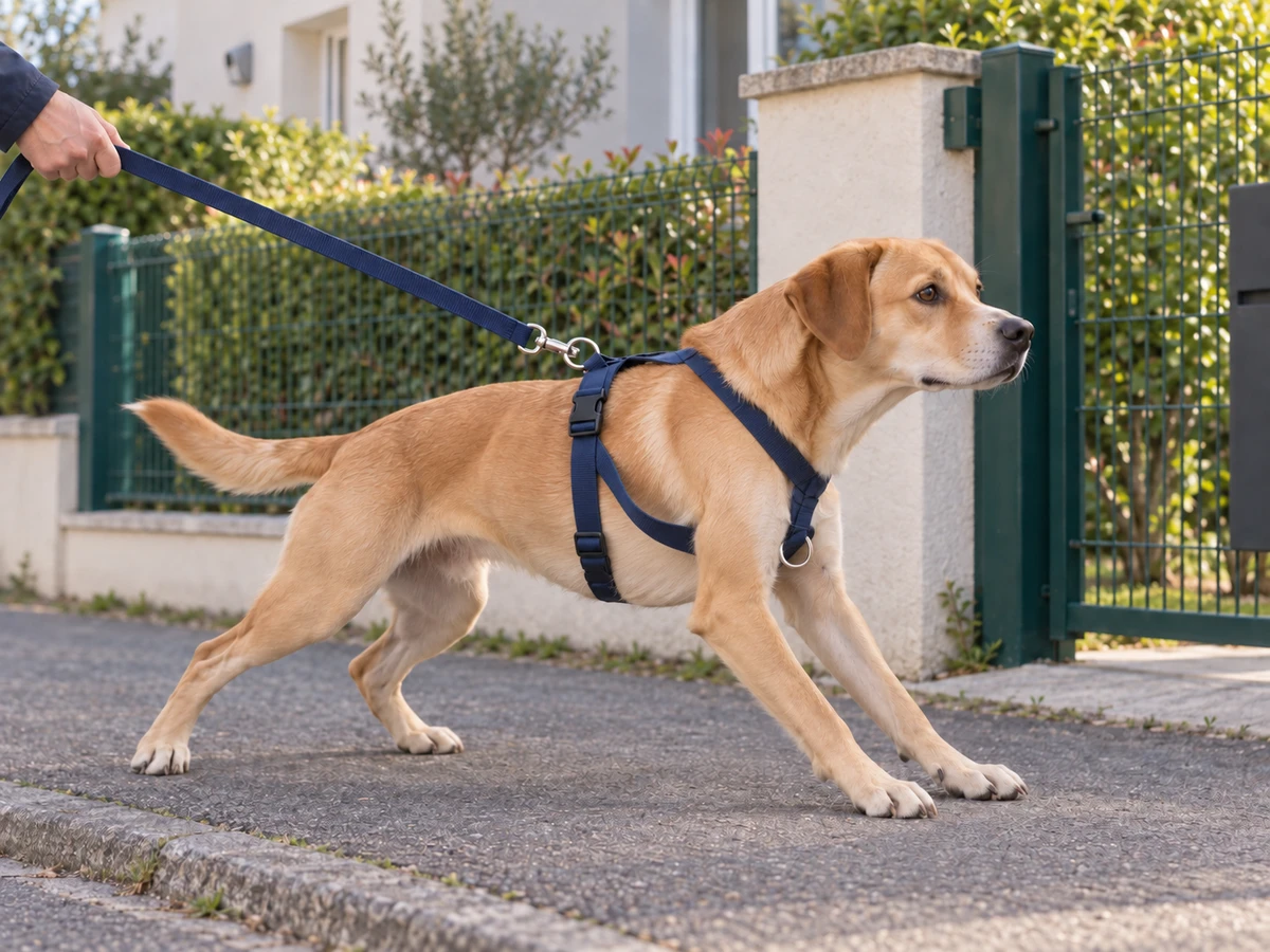 Chien qui tire en laisse, harnais qui tourne ou bâille : photo