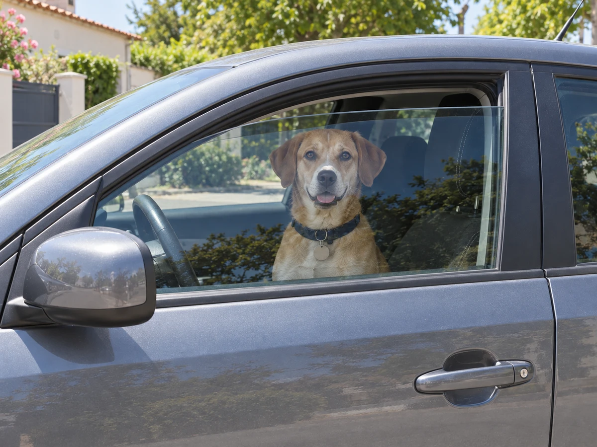 Chien laissé dans la voiture garée au soleil, vitre juste entrouverte : photo