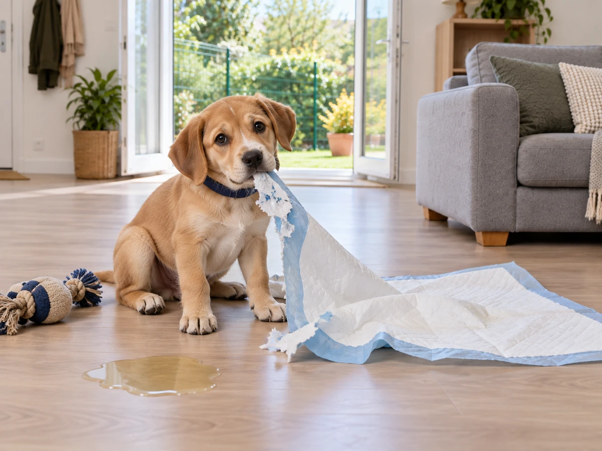 Chiot qui fait pipi à côté du tapis éducateur, tapis retourné et mâchouillé : photo