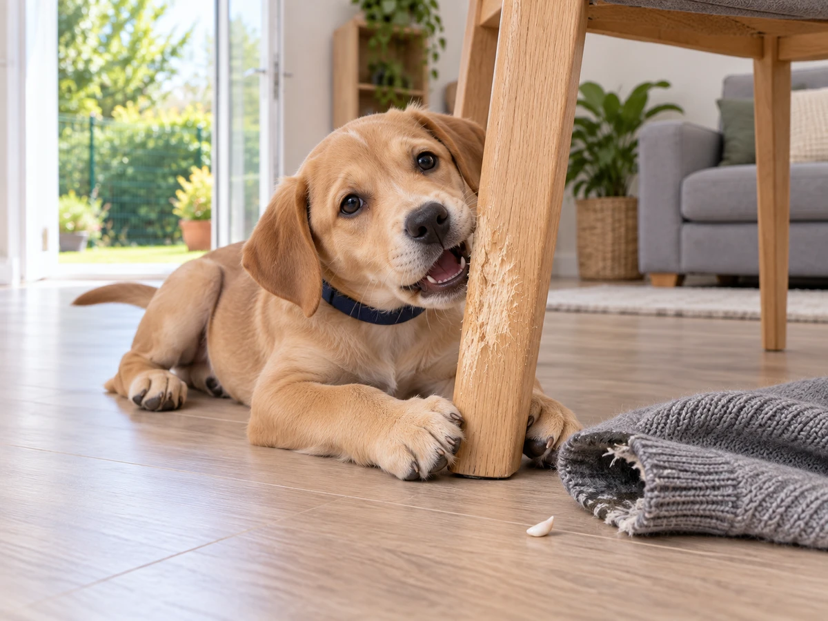 Chiot qui mordille les mains, les manches et les pieds de chaise : photo