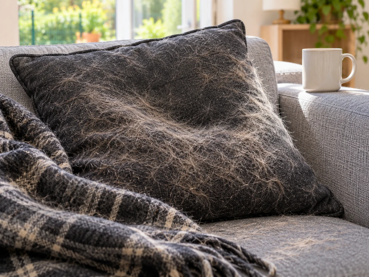 Coussin et plaid couverts d'un duvet fin de chat en mue : photo