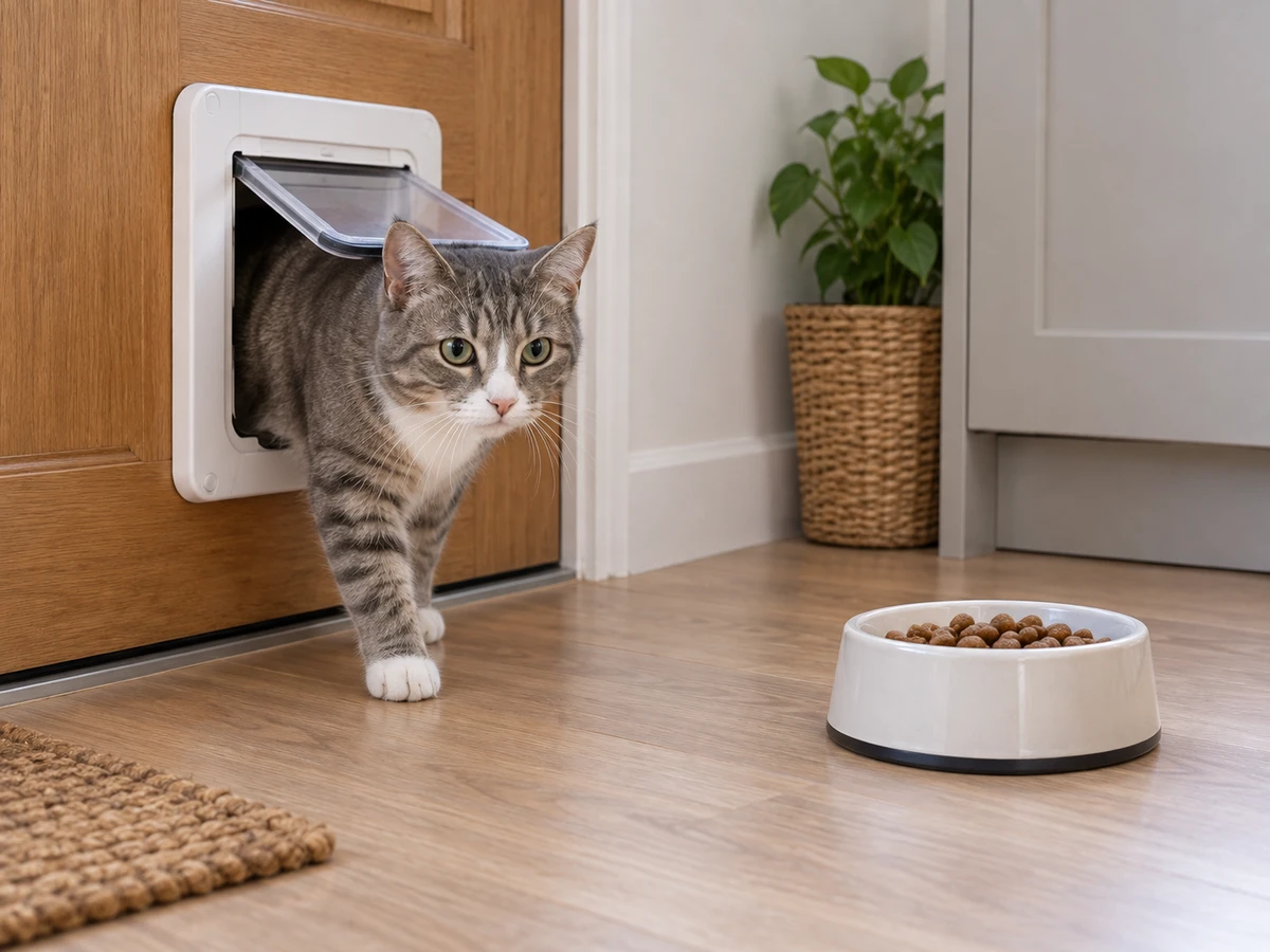 Un chat étranger entre par la chatière : photo