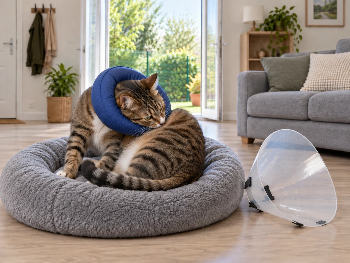 Chat ou chien opéré qui se contorsionne vers sa cicatrice malgré la collerette : photo
