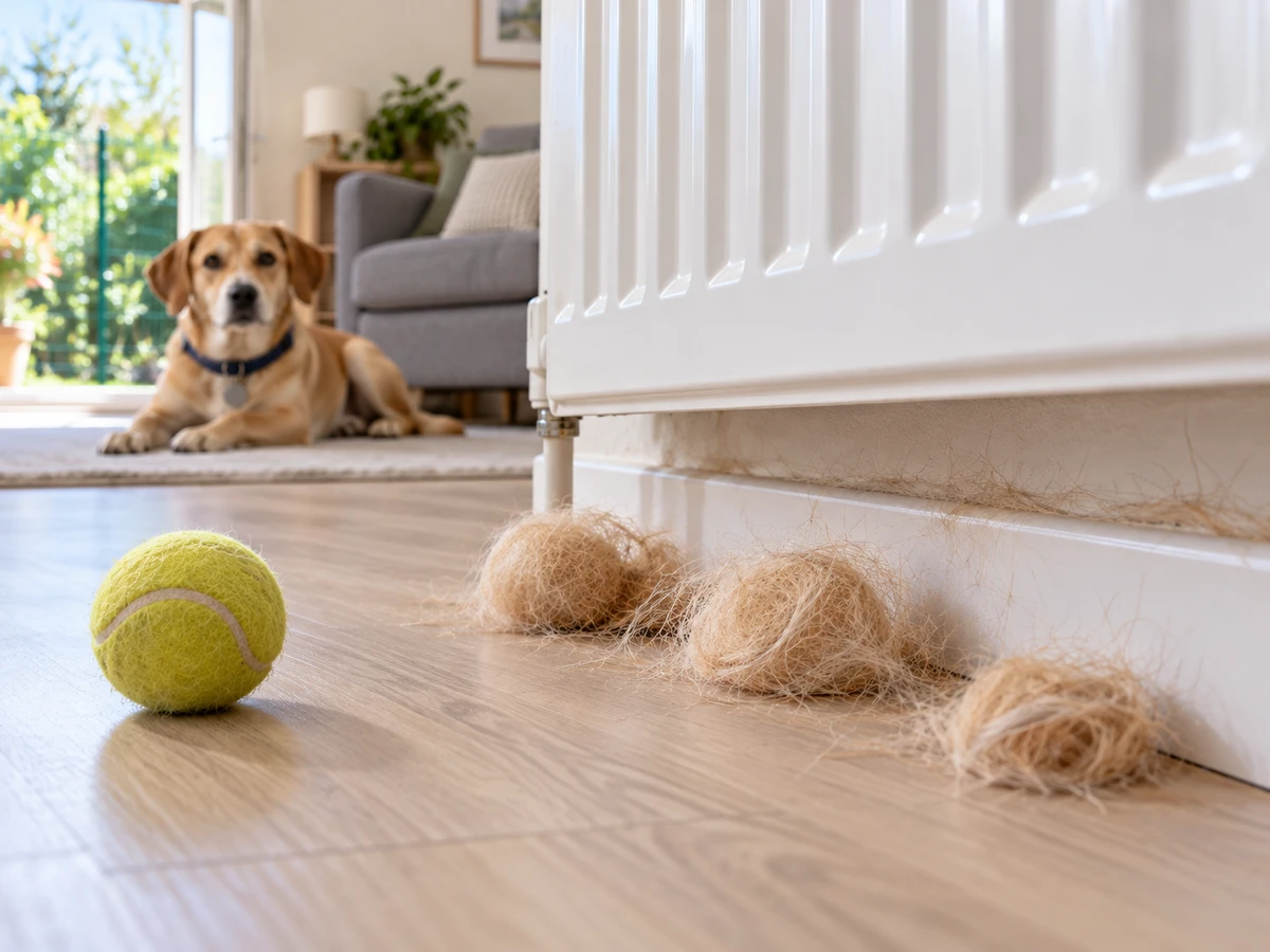 Moutons de poils de chien sous le radiateur et le long des plinthes : photo