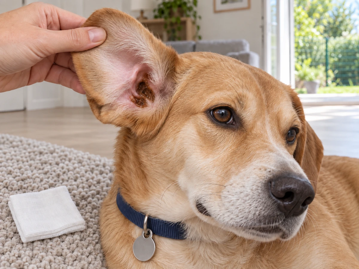 Chien qui secoue la tête, cérumen foncé à l'entrée de l'oreille : photo