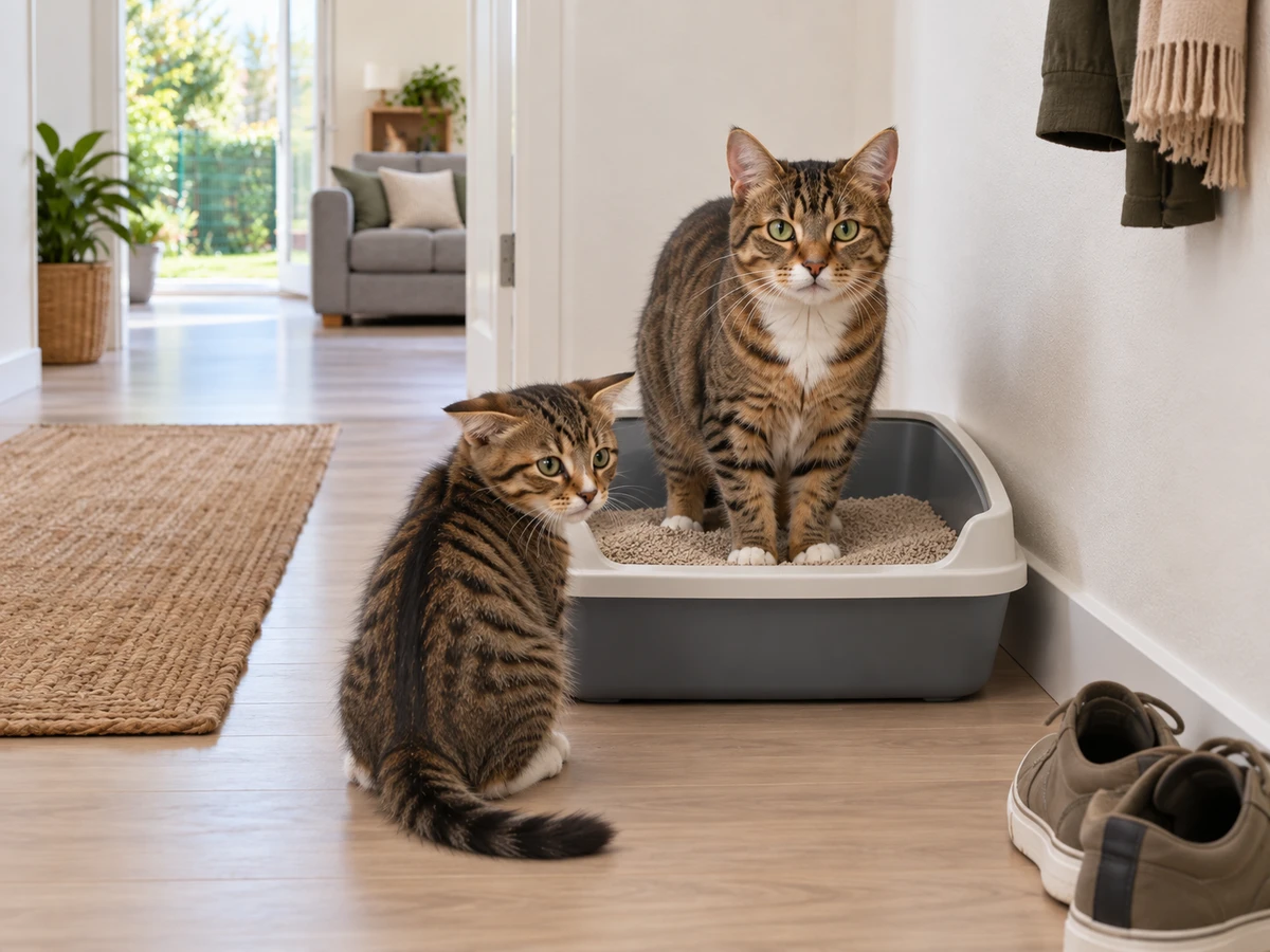 Chaton qui attend devant le seul bac, occupé par l'autre chat : photo