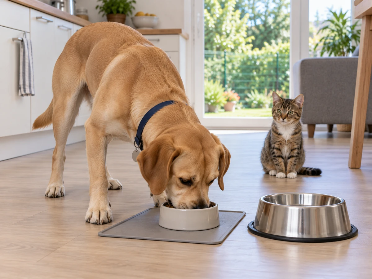 Le chien le nez dans la gamelle du chaton : photo